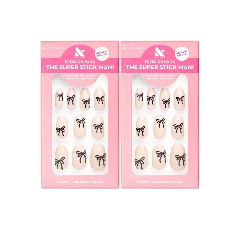 2 Pack Olive & June Super Stick Mani Press-On Fake Nails Dainty Bows 32 each